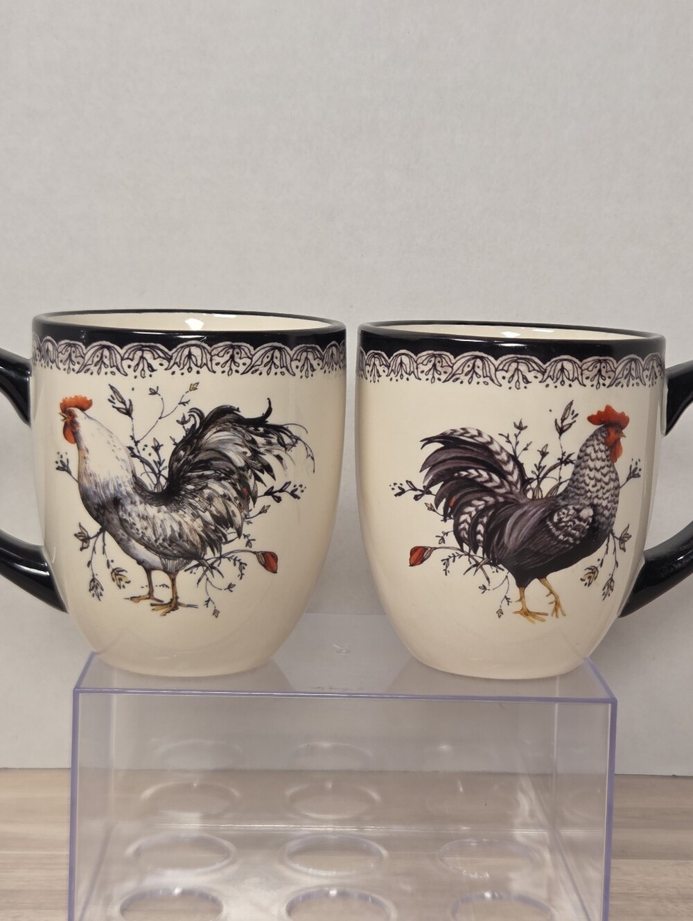 2 Cracker Barrel Rooster Coffee Tea Mug Cup, Red, White & Black, Susan Winget